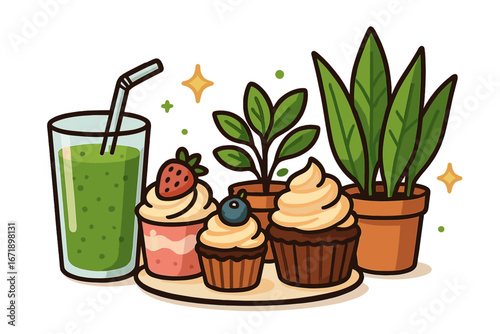 Healthy food concept with green smoothie, cupcakes, and plants. Vector illustration for wellness, diet, and detox. Fresh organic dessert and drink isolated on white background.