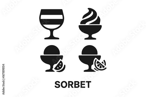 Sorbet Icon Set. Solid filled vector icons collection of sorbet dessert presentation styles. Layered sorbet glass, swirled soft serve, classic scoop, sorbet with fruit slices. Black isolated symbols.