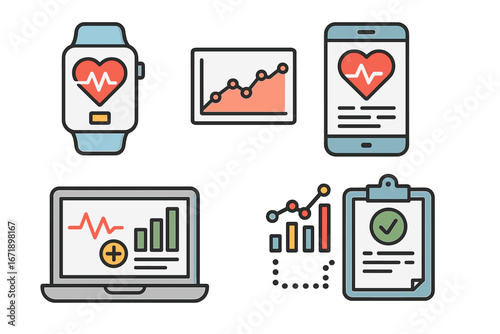 Health tech icon set. Medical data management and patient monitoring concept. Vector icons of smartwatch, phone, and laptop with health analytics, graphs, and EHR chart.
