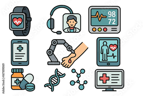 Health technology icon set. Modern medical innovations for patient care. Telemedicine, robotic surgery, e-health, DNA research. Digital healthcare monitoring vector icons.