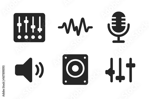 Professional Sound Design Icons Collection. Solid Filled Vector Set Featuring Mixer Controls, Audio Waveform, Microphone, Speaker, Volume Adjustment, Equalizer and Audio Equipment Symbols