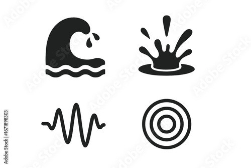 Vector icon set of water wave, splash, soundwave, and ripple. Solid black silhouette symbols for water crash, splash sound, energy wave, and audio ripple. Abstract bold graphic elements.