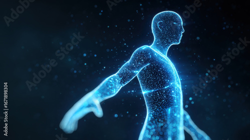 Ai hologram human body anatomy, digital wireframe glowing blue, telemedicine concept, futuristic healthcare, data visualization calm mood