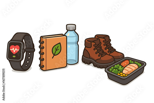 Healthy lifestyle and wellness concept with fitness accessories. Smartwatch for health tracking, hiking boots, water bottle, diet journal and a nutritious prepared meal box.