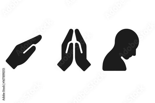 Set of icons showing war-time emotions. Salute, pray, and mourn gestures. Vector symbols for memorial, grief, veteran's day, respect, and patriotism. Military silhouette.