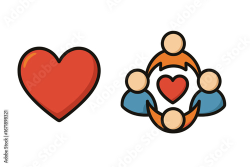 Heart and community symbols. People holding hands in circle. Teamwork and unity concept. Social support network, charity, connection, inclusivity and care. Vector icon set.