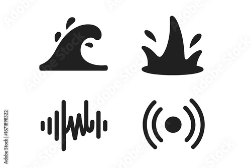 Sound Wave and Water Splash Icon Set. Vector Collection of Energy Wave, Crash, Water Thud, Audio Ripple, Splash Symbols. Black Solid Music, Waveform, Fluid, Sound, and Aquatic Icons