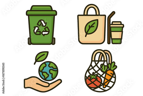 Eco friendly icon set for sustainable living. Zero waste concept with reusable bag, coffee cup and grocery net. Recycling bin and earth care symbol. Vector cartoon illustration.
