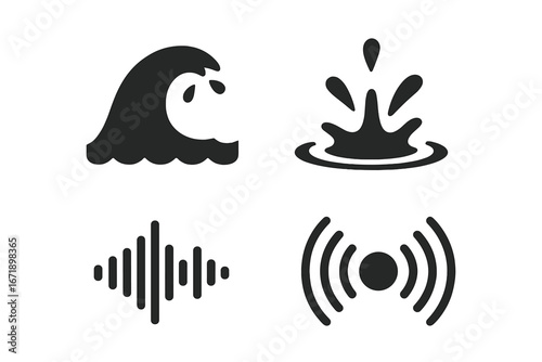 Abstract Water and Sound Icons Set. Wave Splash, Thud Drop, Energy Ripple, Sound Waveform. Fluid Motion and Audio Symbol. Liquid Splash, Noise Vibration, Frequency Pulse, Black Vector Collection