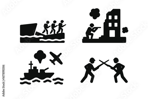 World War II battle icon set. D-Day Normandy landing, Stalingrad, Pearl Harbor attack solid glyphs. Historic military combat vector symbols. Army soldier, infantry & naval war.