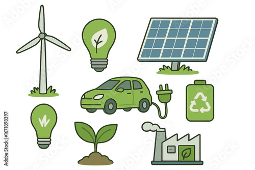 Set of sustainable energy solution icons. Green technology elements. Eco friendly concept with wind turbine, solar panel, electric car, recycle battery. Vector illustration.
