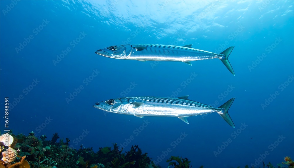 Fototapeta premium Two slender fish swim in clear blue ocean water above a blurry coral reef