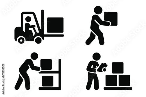 Warehouse worker icons. Logistics and shipping glyph set. Operator driving forklift, mover carrying box, stock clerk with inventory list and person shelving parcel vector.