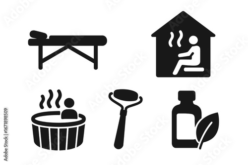 Spa and Wellness Treatment Icons Set. Solid Filled Vector Illustrations of Massage Table, Sauna Relaxation, Hot Tub Hydrotherapy, Facial Roller, Essential Oil Bottles for Beauty and Health Concepts