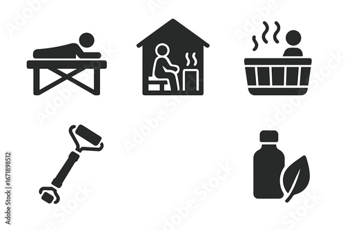 Spa wellness icon collection. Luxury massage table, sauna, hot tub, facial roller, essential oil. Beauty salon treatments. Relaxation therapy. Hygiene, pampering, aromatherapy vector symbols set.