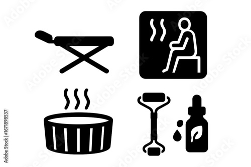 Spa and Wellness Icons Set. Solid vector symbols of massage table, sauna, hot tub, facial roller, essential oil. Beauty treatment, relaxation, aromatherapy, self care concept on transparent background