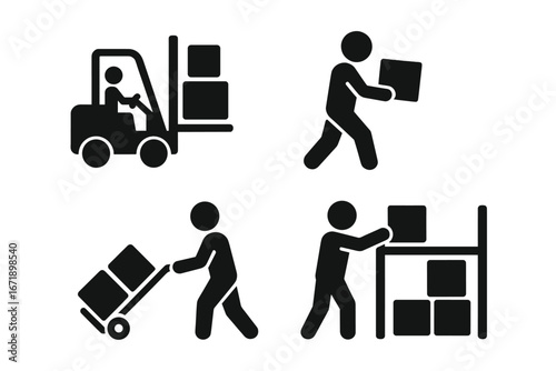 Warehouse worker solid glyph icon set. Logistics and distribution vector symbols. Forklift operator, manual handling, carrying box, stocking shelves. Supply chain pictograms.