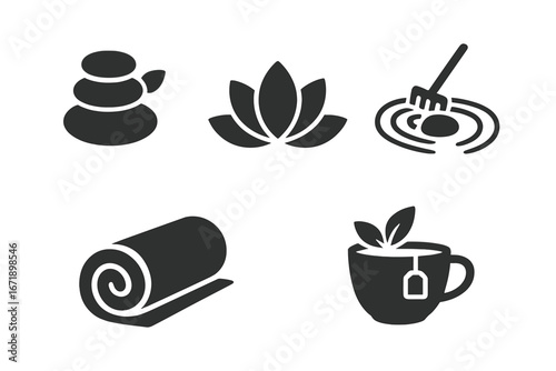 Spa wellness icons set, solid black vector silhouettes of massage stones, lotus flower, zen garden, rolled towel, herbal tea cup, relaxation, meditation, self-care design elements