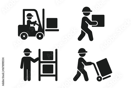 Warehouse worker solid icon set. Forklift driver, carrying box, stocking shelves, pushing hand truck. Logistics, distribution, supply chain, delivery vector pictograms.