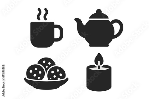 Cozy hygge lifestyle glyph icons. Solid silhouette icon set with warm accessories and refreshments: mug, teapot, cookies, candle. Winter autumn home comfort concept.