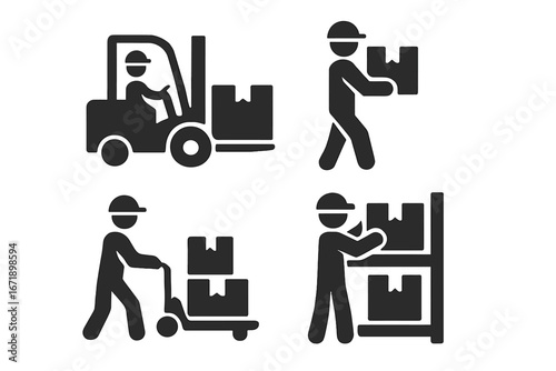 Warehouse worker activity vector icon set. Solid pictograms of logistics and distribution. Operator drives forklift, mover carries box, man with hand truck stocks shelves.