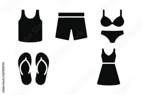 Summer clothes icon set. Vector collection with tank top, shorts, bikini swimwear, beach dress and flip flops. Solid glyph silhouette symbols for vacation or travel concept.