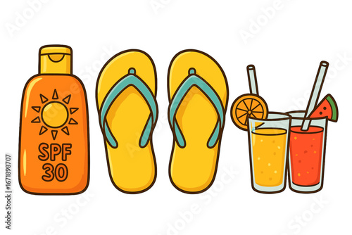 Summer beach day essentials icon set. Vector cartoon illustration of sunscreen, flip flops, and refreshing juice drinks. Vacation and travel concept with isolated elements.