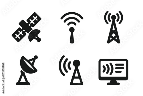 Space communication icons set. Solid filled vector illustration of satellite, antenna, signal transmission, radio waves, radar dish, telecommunication, wireless data, broadcast, technology symbols