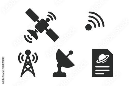 Solid Space Communication Vector Icons Set. Satellite, Radio Wave, Signal Tower, Antenna, Data Transmission, Wireless Signal, Network Technology Symbols on Transparent Background