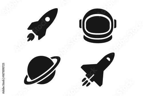 Solid Space Exploration Vector Icons Set: Rocket Ship, Astronaut Helmet, Saturn Planet with Rings, Space Shuttle Silhouette. Flat Black Glyph Symbols for Science, Technology, Universe, Astronomy