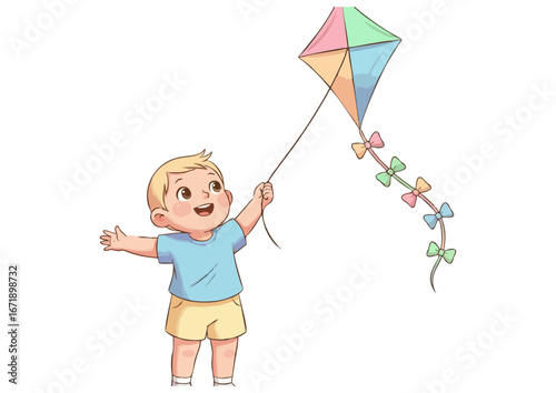 Joyful child flying a colorful kite on a sunny day