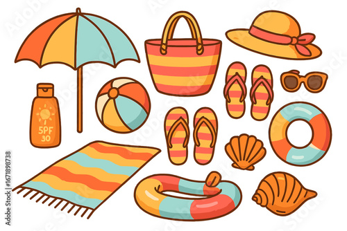 Summer beach vacation essentials set. Cartoon vector illustration of travel accessories: umbrella, bag, hat, sunglasses, flip flops, ball, towel, sunscreen, lifebuoy, shell.