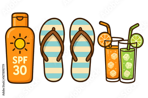 Summer beach day essentials icon set. Sunscreen SPF 30, flip flops, and juice cocktails. Vector cartoon illustration for vacation, travel, and sun protection concepts.