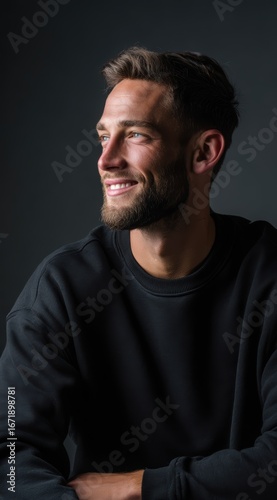 Smiling young man looking up with hope and positivity on dark background
