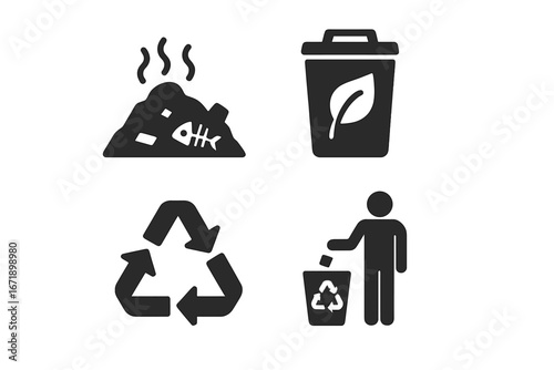 Solid Waste Management Icons Set. Compost Bin, Trash Can, Landfill, Recycling Symbol, Garbage Disposal, Waste Segregation, Eco-friendly, Environmental Conservation, Black Vector Illustration