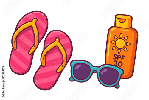 Summer beach vacation accessories set. Vector cartoon illustration of flip flops, sunglasses, and sunblock. Sun protection concept, holiday travel essentials isolated on white.