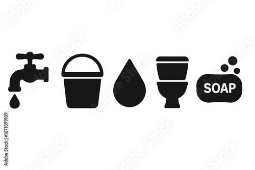 Water and Sanitation Aid Icons Vector. Solid Filled Water Tap, Bucket, Water Drop, Toilet, Soap Bar Symbols. Hygiene Cleanliness Public Health Supplies. Modern Minimal Bathroom Concept Set.