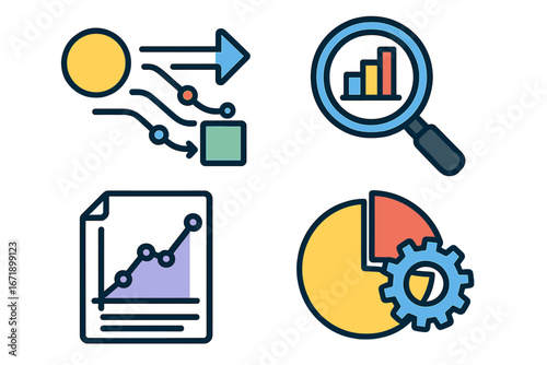 Set of data analysis icons. Vector symbols for analytics, workflow, and business intelligence. Infographic elements for data flow, research report, and statistics chart.
