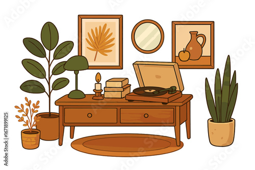 Cozy living room interior with vintage furniture, record player, and houseplants. Mid-century modern home decor concept. Retro lifestyle vector illustration. Hygge aesthetic scene.