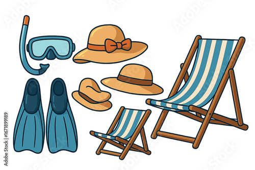 Beach day essentials collection. Summer vacation gear with snorkel, fins, sun hats, and lounge chairs. Seaside relaxation items. Vector cartoon illustration set for travel design.