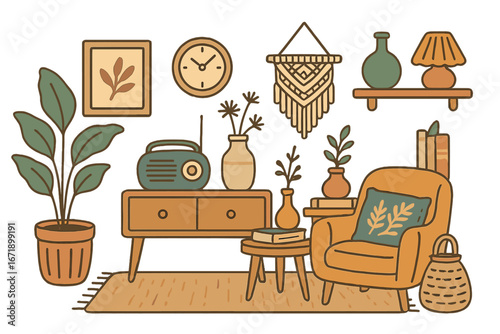 Cozy living room interior set. Vector illustration of home decor elements. Vintage furniture, plant, macrame, and radio. Mid-century modern style. Hygge lifestyle concept.