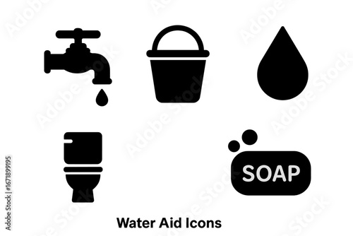 Solid Filled Water and Sanitation Aid Icons Set. Vector Illustrations of Water Tap, Bucket, Water Drop, Toilet, Soap Bar. Clean Water Access, Hygiene, Sanitary Waste Management, WASH Concept.