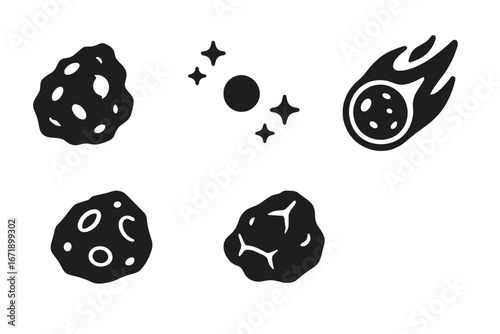 Space Rocks and Meteorite Icons Set. Solid Filled Vector Symbols of Asteroid, Meteoroid, Bolide, Stony Meteorite, Iron Meteorite, Micrometeorite, Outer Space Debris, Astronomy Elements