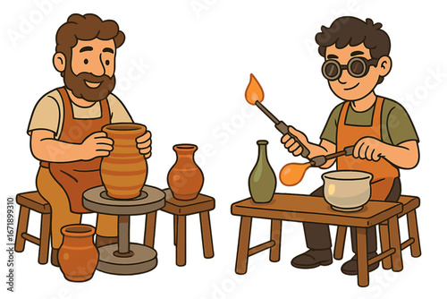 Artisans at work. Potter shaping clay on a wheel and glassblower crafting glass art with a torch in a workshop. Handmade craft, hobby, creative profession concept vector.