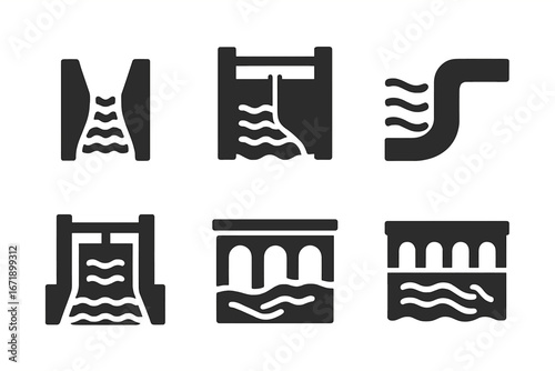 Solid Water Channel Icons Set, Filled Vector Irrigation Ditch Symbols, Canal Lock Pictograms, Water Flow, River Gate, Aqueduct, Drainage System, Hydraulics, Transparent Background Illustration
