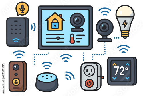 Smart home technology vector icon set. Internet of things (IoT) concept with connected devices. Home automation system with remote control, security camera, and thermostat.