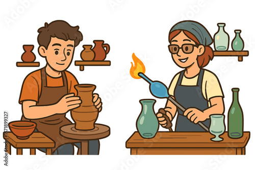 Artisans crafting pottery and glass art. Man on potter's wheel with clay, woman glassblowing. Creative workshop concept. Handmade crafts, hobby. Vector cartoon illustration.