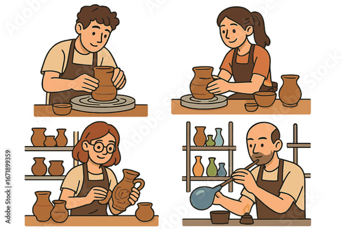 Pottery class and glassblowing workshop vector set. Artisans crafting handmade ceramics and glass art. Man, woman on potter's wheel. Creative hobby, craft business concept.