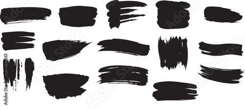 Brush set. Vector black paint brush spots, highlighter lines or felt-tip pen marker. Ink smudge abstract shape stains and smear set with texture. Hand drawn vector illustration	