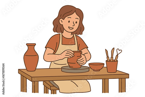 Woman artist character making a clay pot on a pottery wheel. Creative hobby and handmade craft concept. Artisan in a ceramics workshop or studio. Vector illustration.